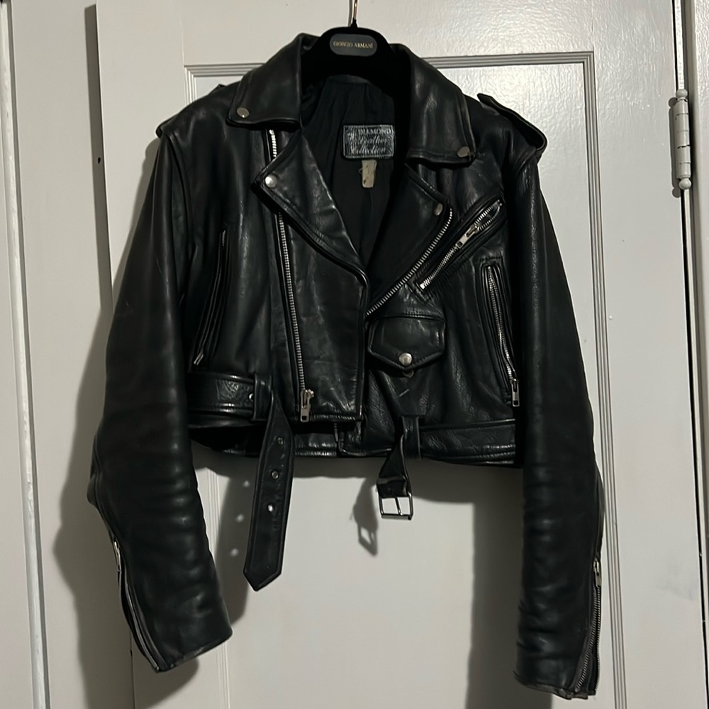 Vintage cropped real leather biker jacket motorcycle jacket leather jacket